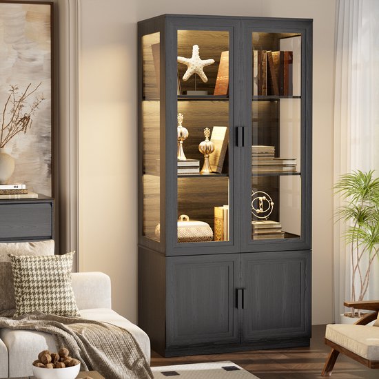 BROTTAR Vloerstaande vitrine met glazen deuren, LED-verlichting en magnetische sloten, 3 glazen vloeren, gesloten vakken, 3 gekleurde LED's dimbaar