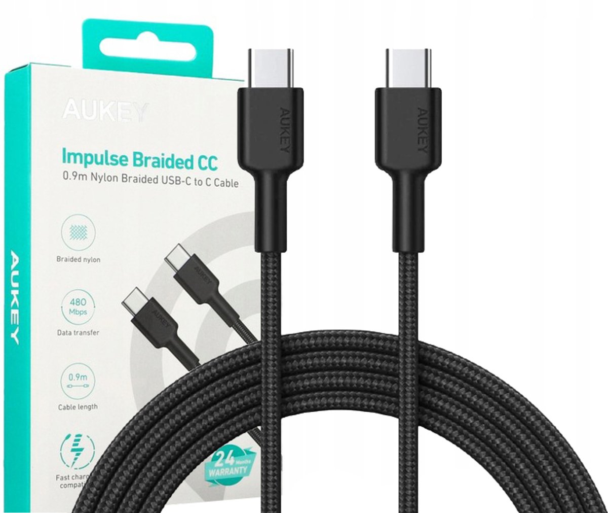 AUKEY USB-C naar USB-C Kabel, PD 60W, 3A, 0.9m, Nylon Gevlochten