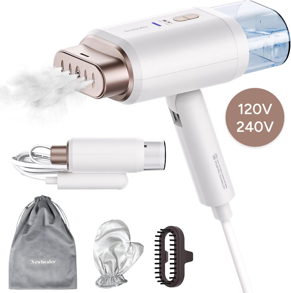 Newbealer Kledingstomer Dual Voltage - Handstomer - Stoomapparaat Kleding - Steamer - Inklapbaar - 20 Sec opwarmtijd - 1200W - Wit/Goud