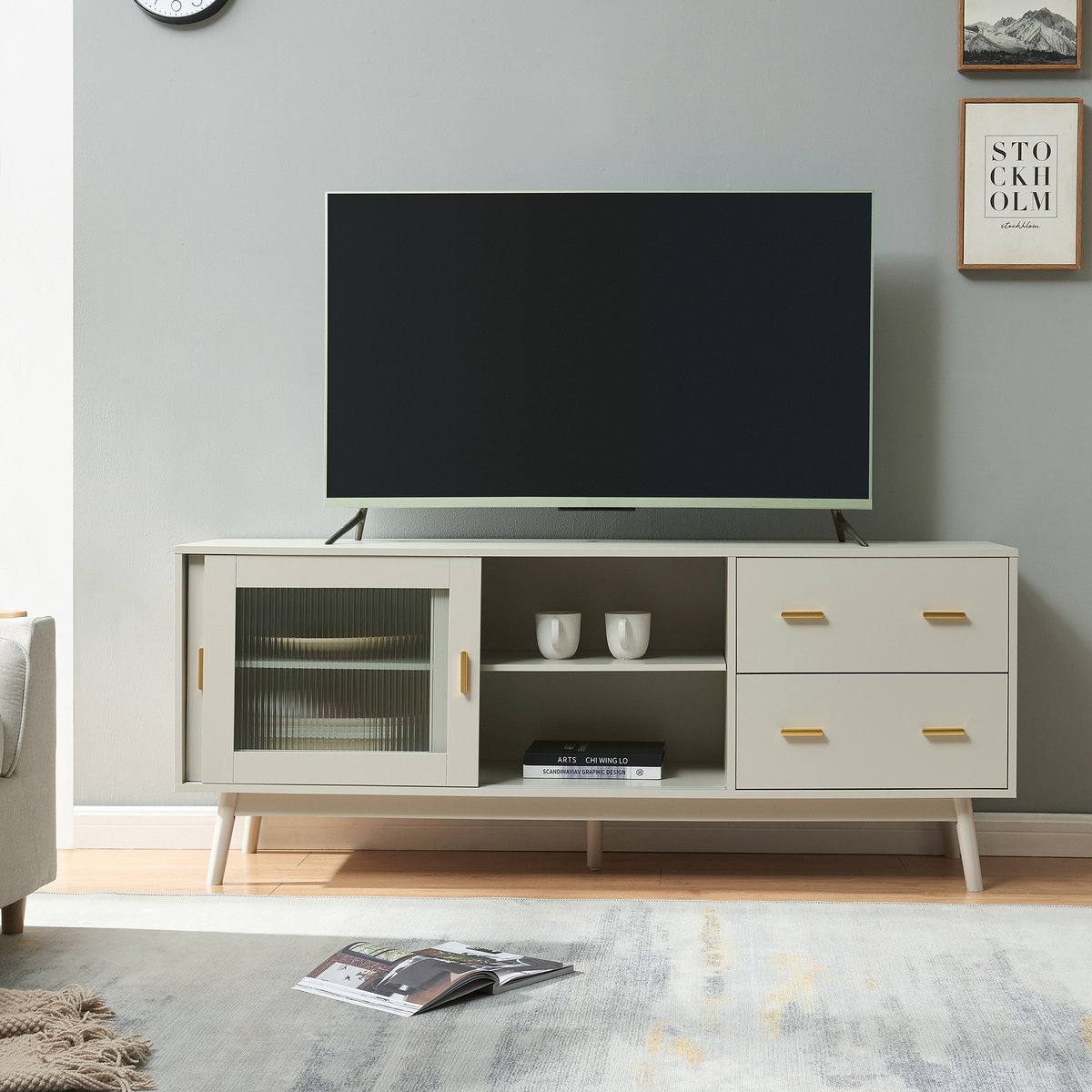 Tv-meubel Susa met lades en schuifdeuren met glas 160x40x65 cm beige [en.casa]
