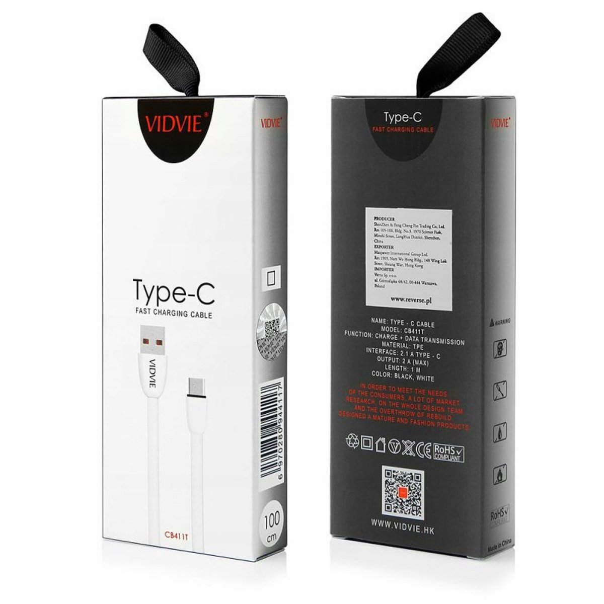 VIDVIE CB411c-w USB-kabel USB 3.2 Gen 1 (3.1 Gen 1) 1 m USB A USB C Wit