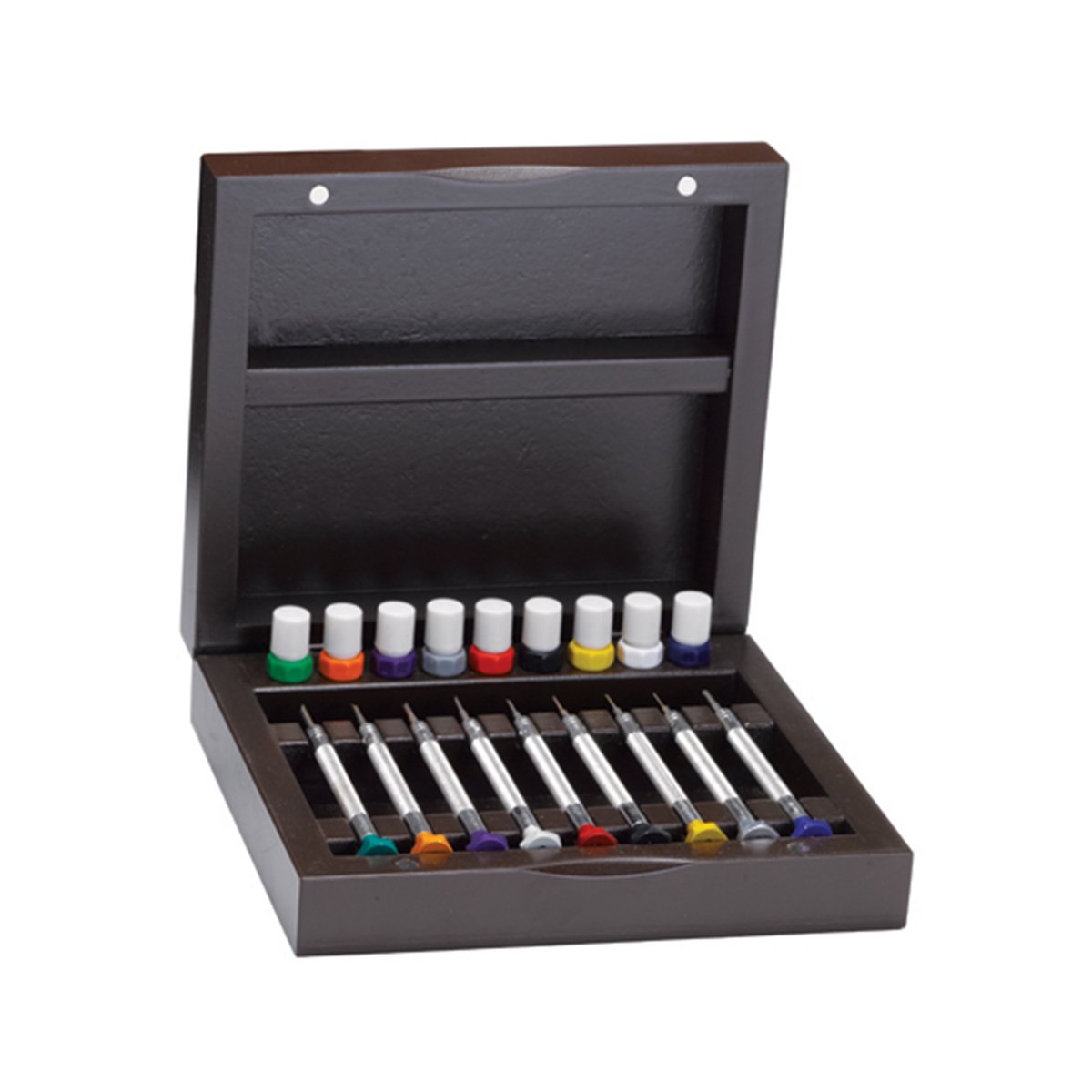 Schroevendraaierset, 9-delig, meerkleurig, in houten doos, 0,60 - 2,00 mm, 35 - 40 HRC