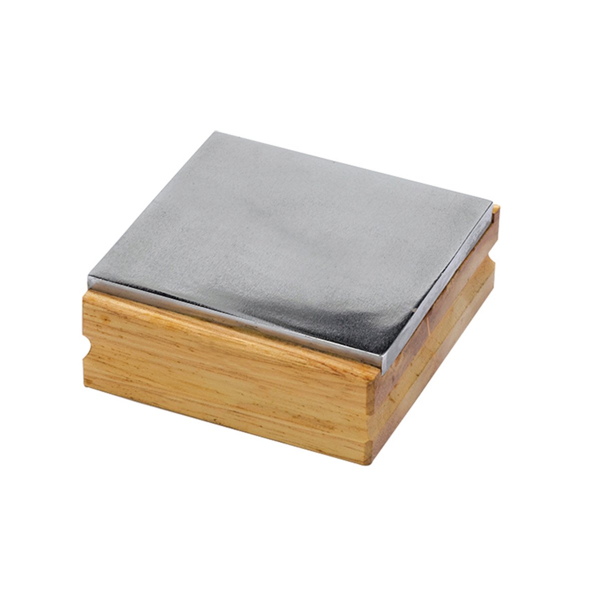 Standaard van ijzerplaat, van gehard staal, voor het platdrukken en buigen van draad, houten voet