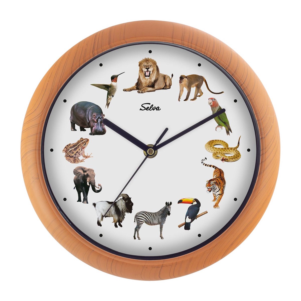 SELVA dierenklok, wandklok, met dierengeluiden op elk uur en kleurrijke illustraties, kunststof kast, houtlook