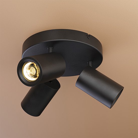 HOFTRONIC plafondlamp rond – 3 spots kantelbaar en draaibaar – excl gu10 fitting – dimbaar – aluminium matzwart – ip20 – led plafondlamp woonkamer slaapkamer zwart
