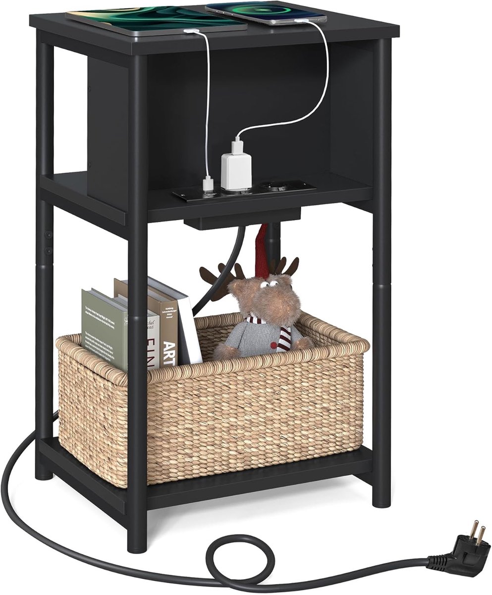 FurnStar Bijzettafel met stopcontact – Nachtkastje – 2 AC & 2 USB-poorten – Stalen frame – 30 x 34 x 58 cm – Zwart