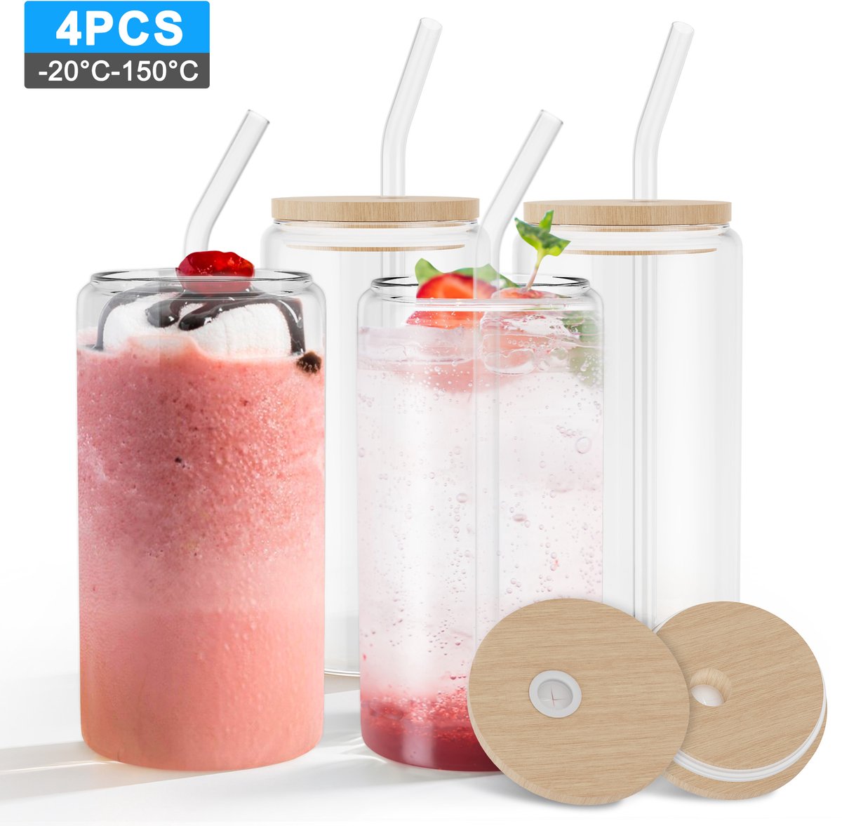 NAIZY Drinkglazen met deksel en rietje 550ml glazen bekers glazen glazen met reinigingsborstel matcha glazen glazenset voor ijskoffie latte macchiato cocktails, 4 stuks