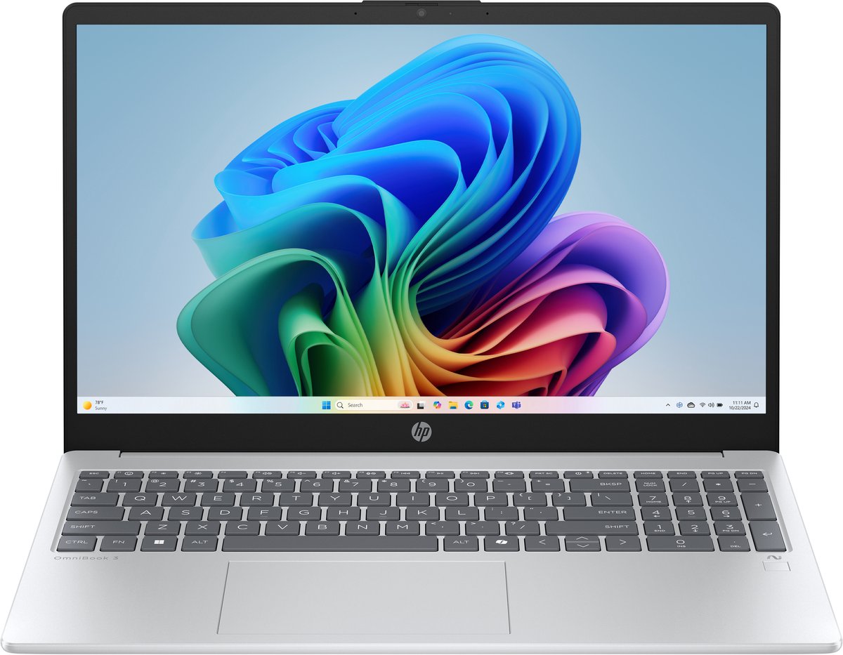 HP OmniBook 3 NGAI 15-fn0050nd Copilot+ PC AMD Ryzen AI 5 330 Laptop 39,6 cm (15.6") Full HD 16 GB DDR5-SDRAM 512 GB SSD Wi-Fi 6 (802.11ax) Windows 11 Home Zilver