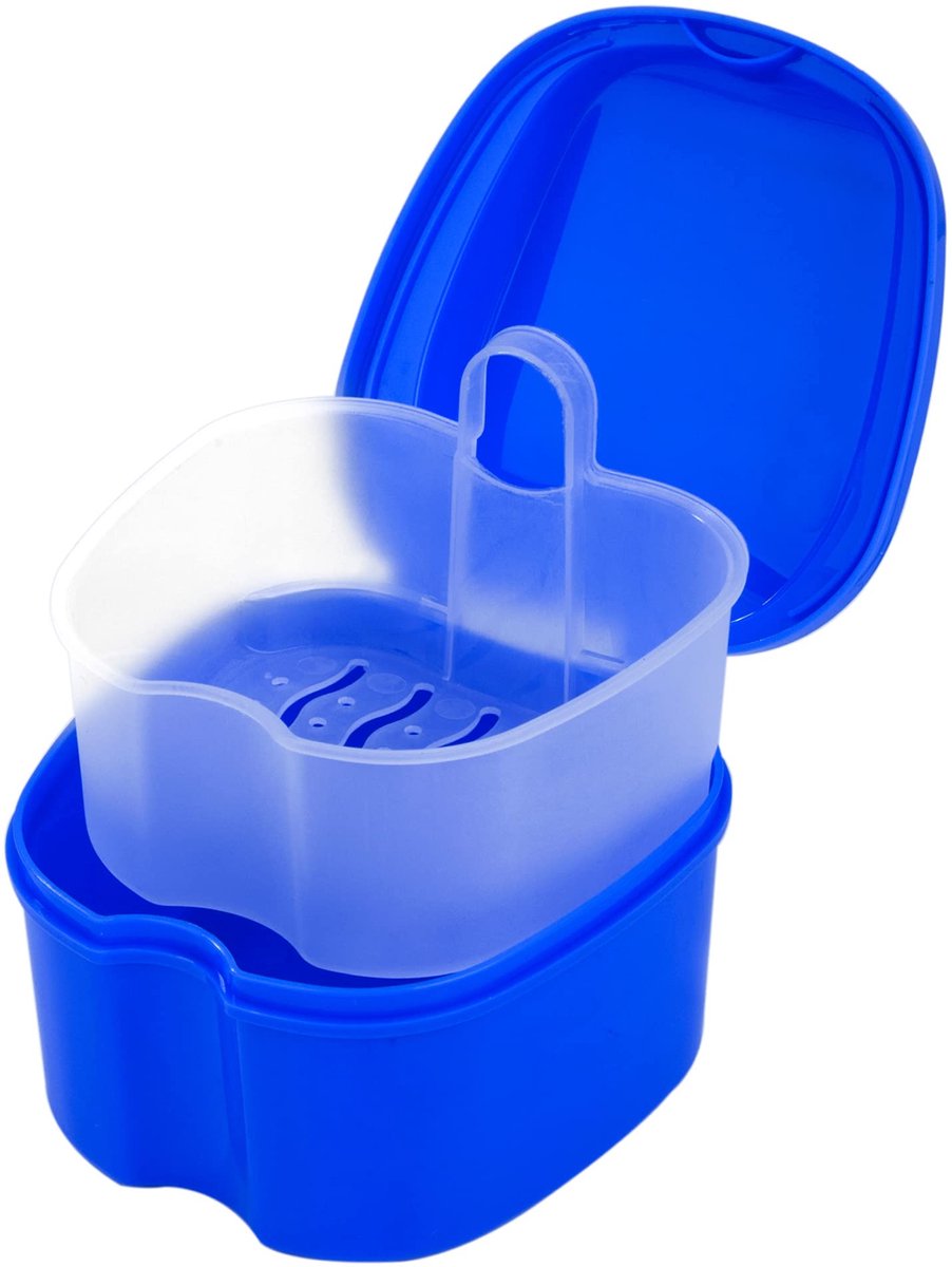 Azomor® Handige opbergdoos voor prothesen met zeef en beveiligde sluiting donkerblauw