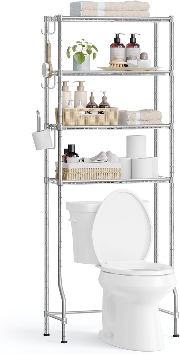 FurnStar – Toiletrek – Badkamerrek met 4 verdiepingen – Wasmachinerek – Verstelbare planken – Met haken en toiletpapierhouder – Ruimtebesparend – 30 x 63 x 176 cm – Duifgrijs