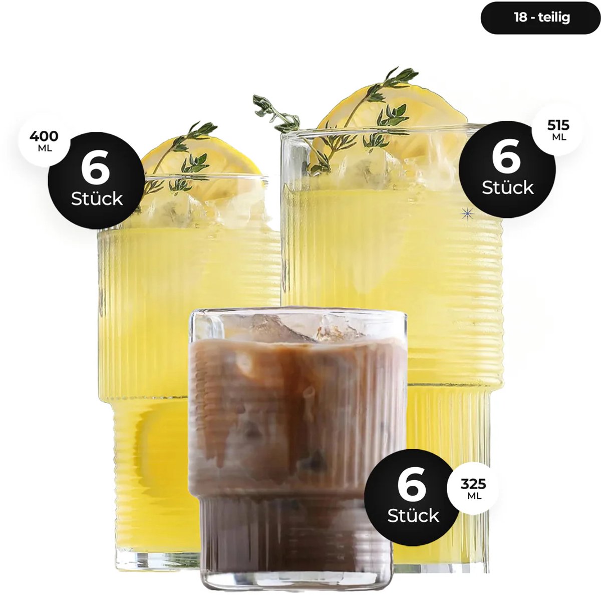 LAV Helen Drinkglazen Set – 18-Delig Glazenset (325ml, 400ml, 515ml) | Ideaal voor Water, Frisdrank, Sap