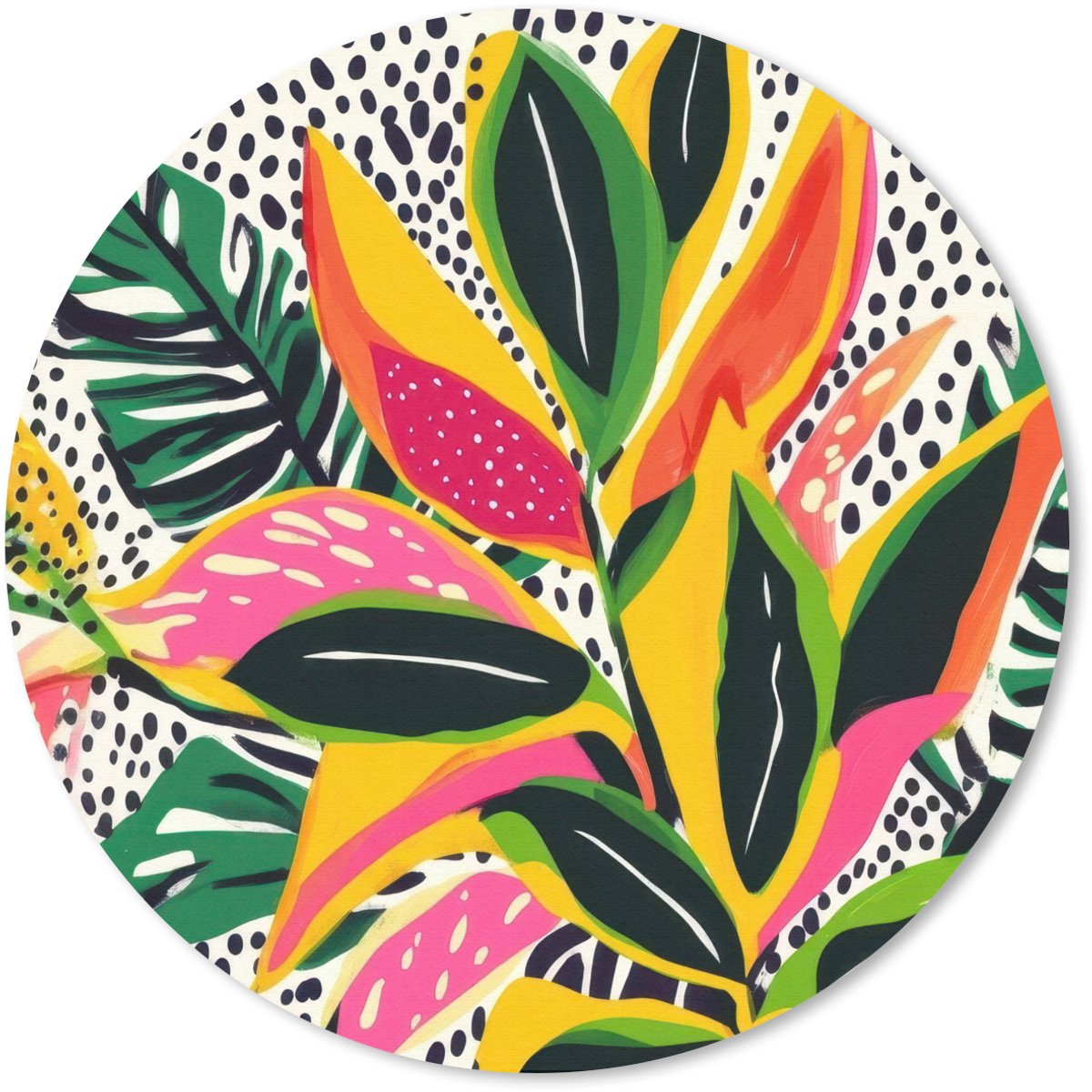 Muismat rond 50x50 cm - Mousepad Tropisch - Bladeren - Zwart - wit - Ronde muismatten