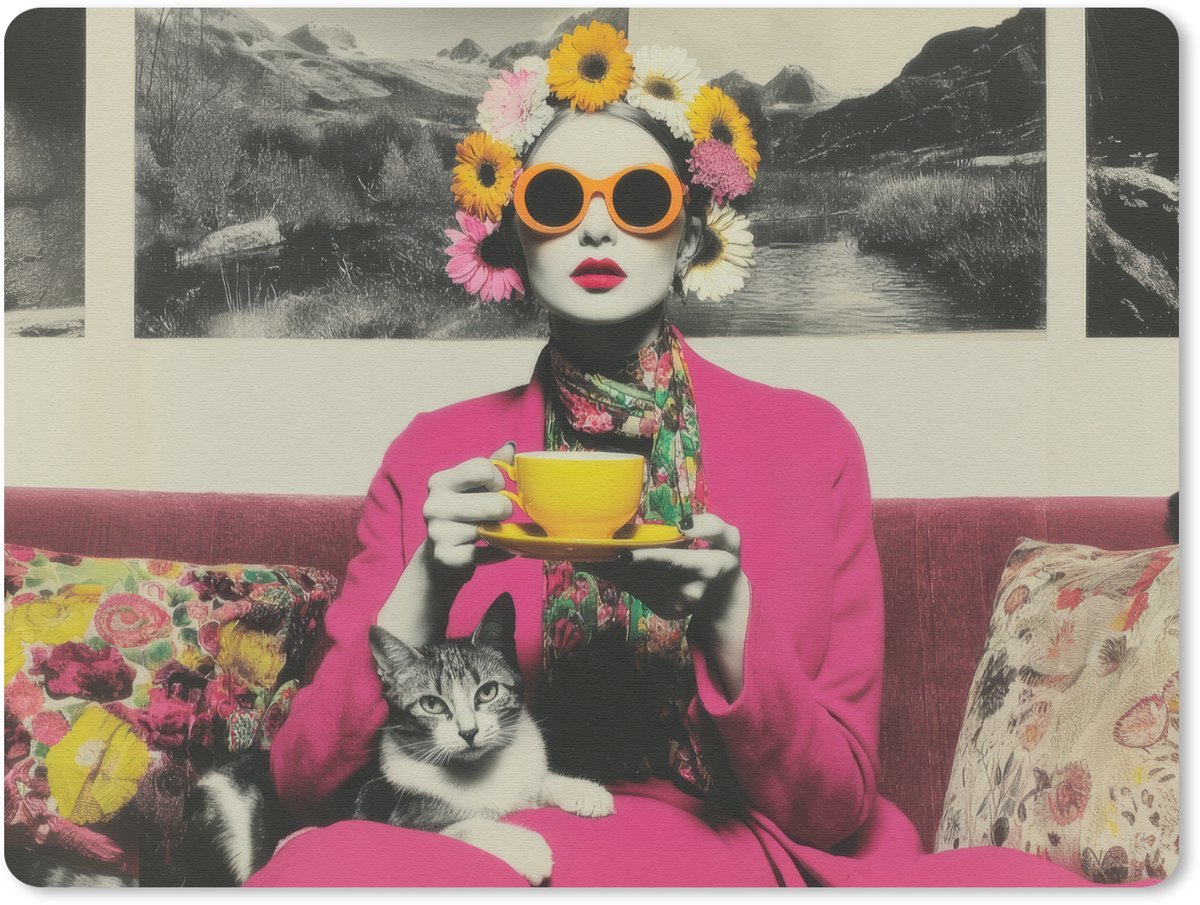 Muismat 23x19 cm - Mousepad Vrouw - Kat - Bloemen - Kopje - Retro - Muismatten