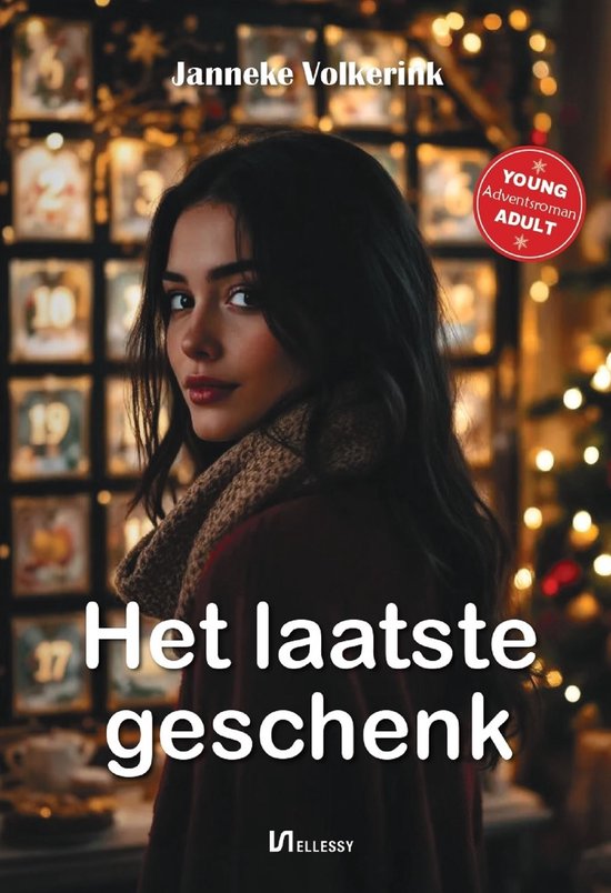 Een jonge vrouw met lang donker haar, een sjaal en een rode jurk, voor een adventskalender.