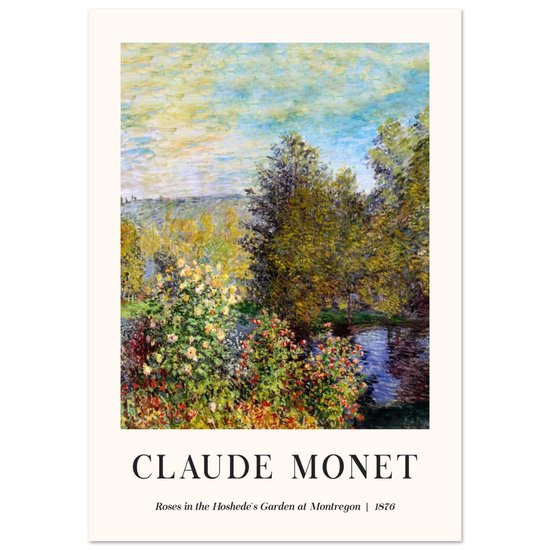 Claude Monet - Rozen in de tuin van Hoschedé te Montregon | 1876, impressionistisch schilderij met rozen, bomen en water.