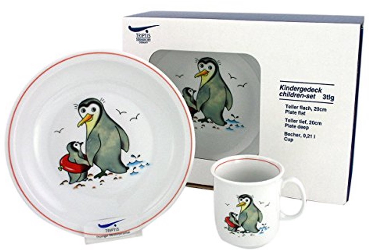 Image of 3-delig Kinderservies met Pinguïn Decoratie - Porselein Kinderbestek