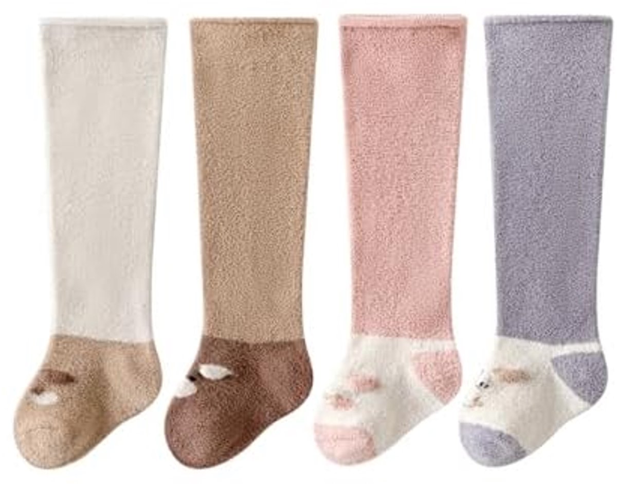 4 paar babysokken, zachte babysokken, dikke warme wintersokken, warme sokken tot over de knie voor babyjongens en babymeisjes