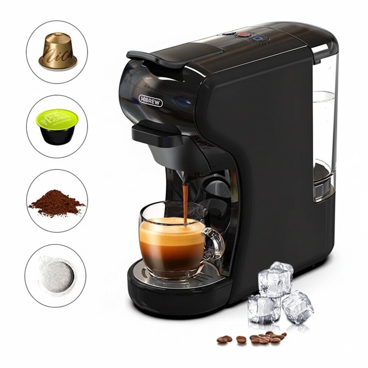 HiBREW H1A 4-in-1 Koffiecupmachine – Voor Nespresso, Dolce Gusto, ESE & gemalen koffie – Compact & Energiezuinig – Zwart