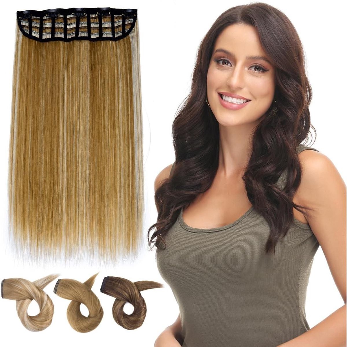 Clip-in haarstukjes: 40 cm donkerblond haarverlenging met clips