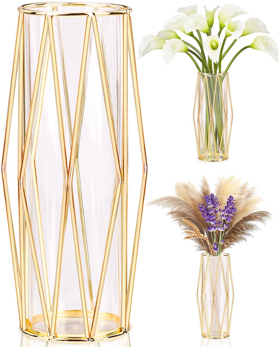 Unyqoos Stijlvolle glazen vaas met gouden metalen standaard voor elegante bloemstukken transparant wit