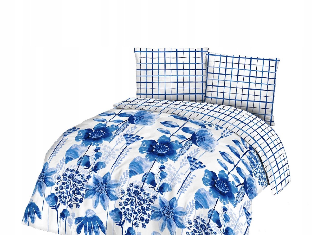 Darymex Katoenen Dekbedovertrekset 160x200cm - Wit/Blauw Bloemig Ruit