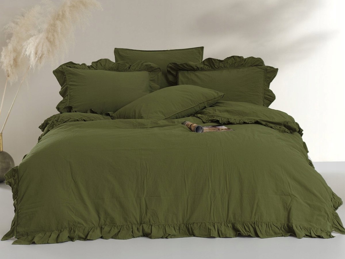 Stonewashed Katoenen Dekbedovertrek Set Olive 160x200cm