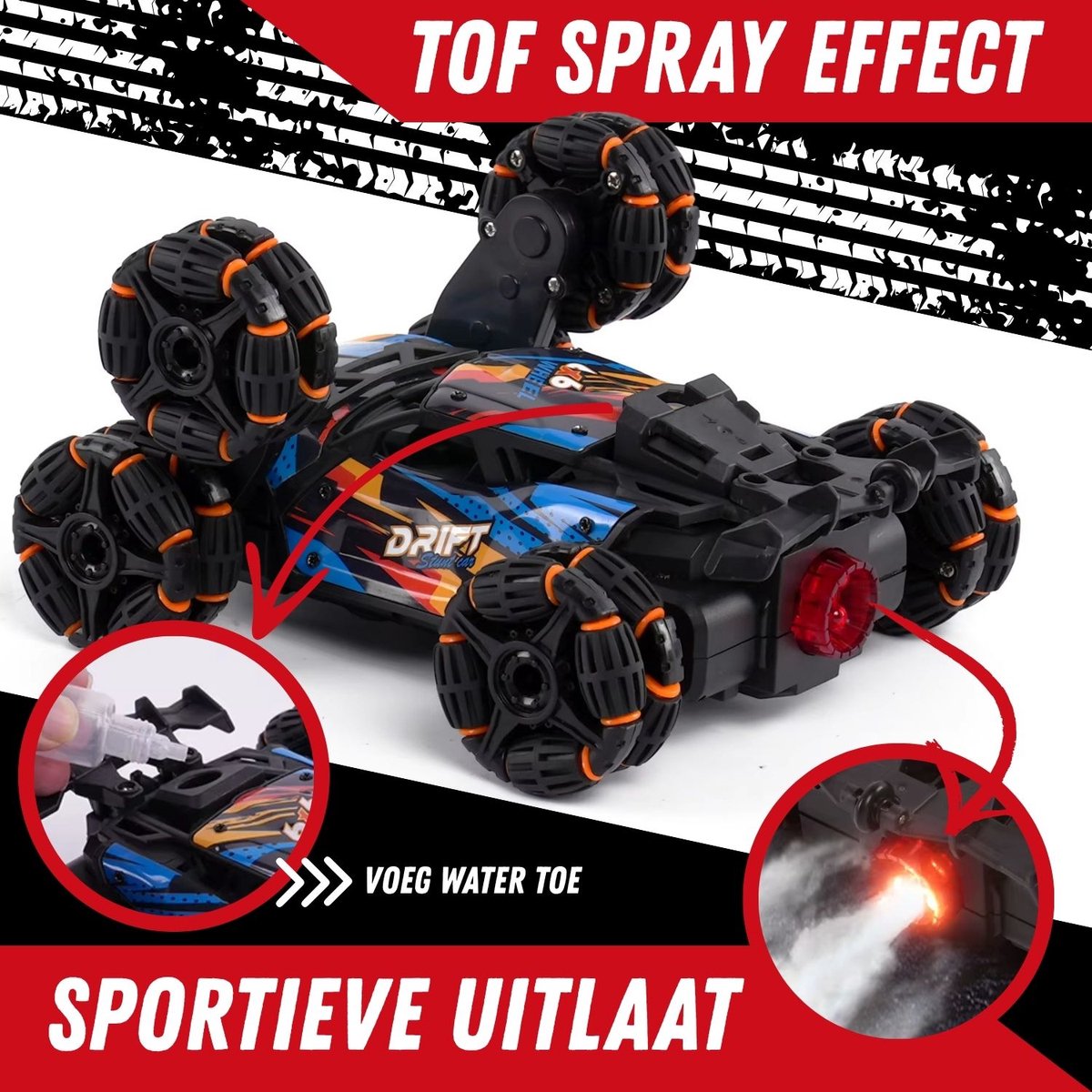 VROEMY TurboTwister Bestuurbare Auto - Stuntauto 6 Wielen - Spray & LED — afbeelding 8