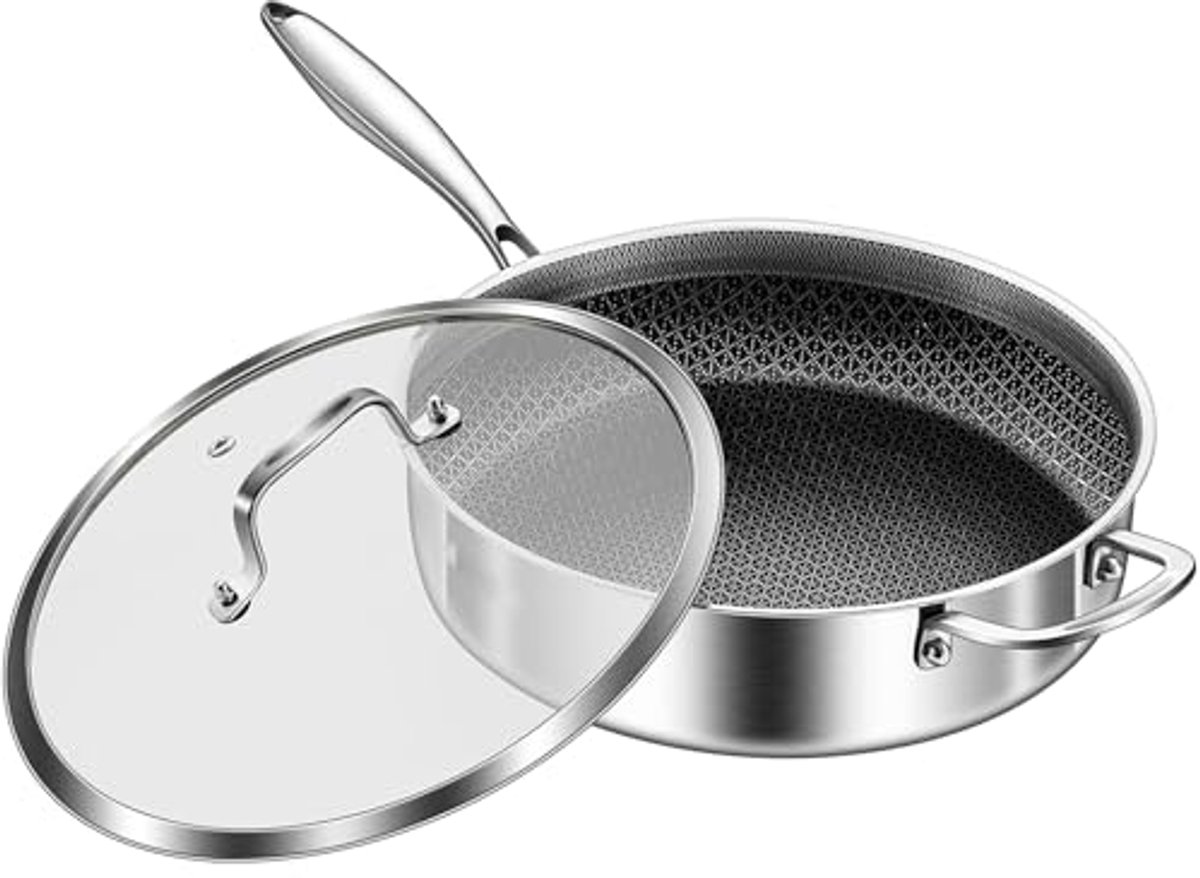 Diepe koekenpan 30 cm roestvrij staal met deksel - 7QT anti-aanbak bakpan
