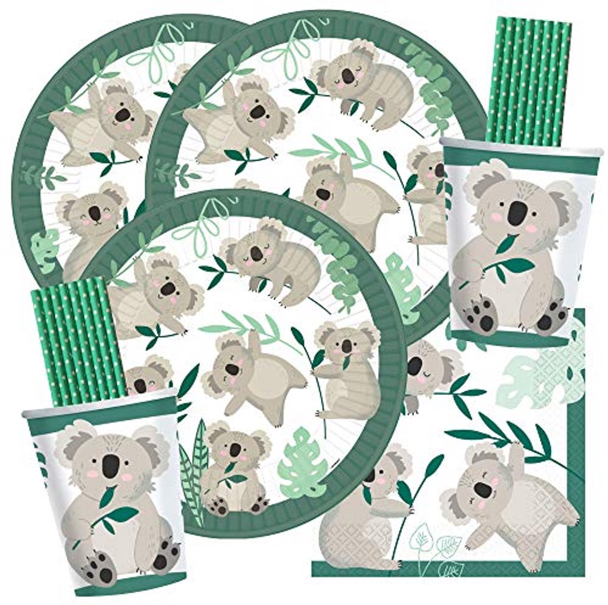 Image of 64-delige partyset Koala - Borden, Bekers, Servetten en Rietjes voor Feestjes