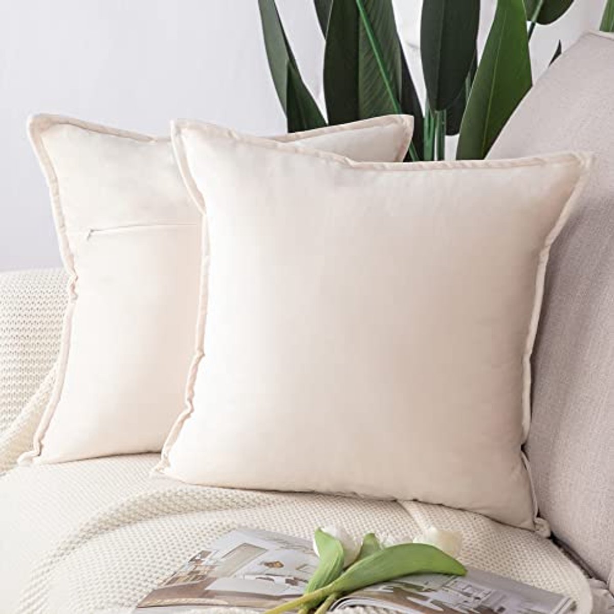Set van 2 Luxe Fluwelen Kussenslopen met Franje voor Sofa en Slaapkamer 50x50 cm Beige