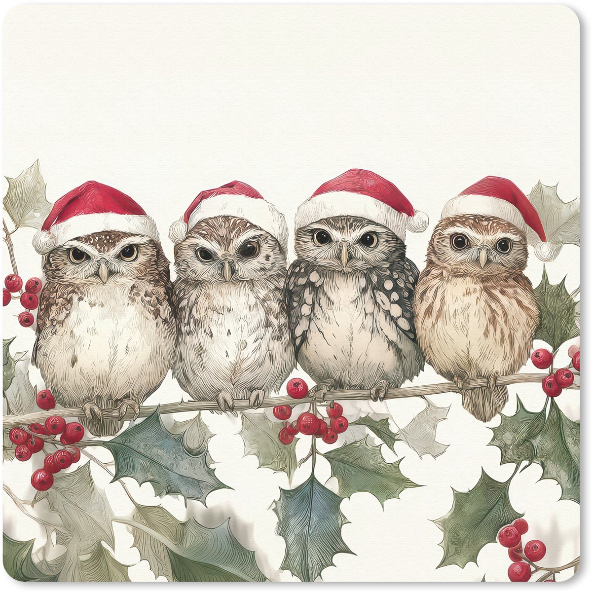 Muismat 30x30 cm - Mousepad Uilen - Tak - Hulstblaadjes - Kerstmuts - Muismatten