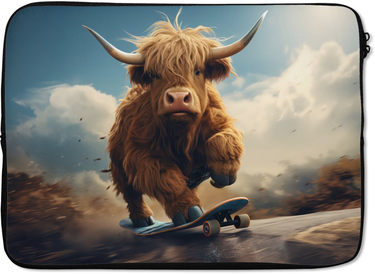 Laptophoes 14 inch - Schotse hooglander - Hoorns - Skateboard - Laptop sleeve - Binnenmaat 33x23 cm - Zwarte achterkant