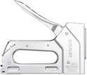 Zij-aanzicht van Stanley TR110 tacker met metalen behuizing, open handgreep en gevuld magazijn.