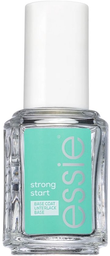 Essie strong start base coat, heldere nagellak in een vierkant flesje met witte dop.