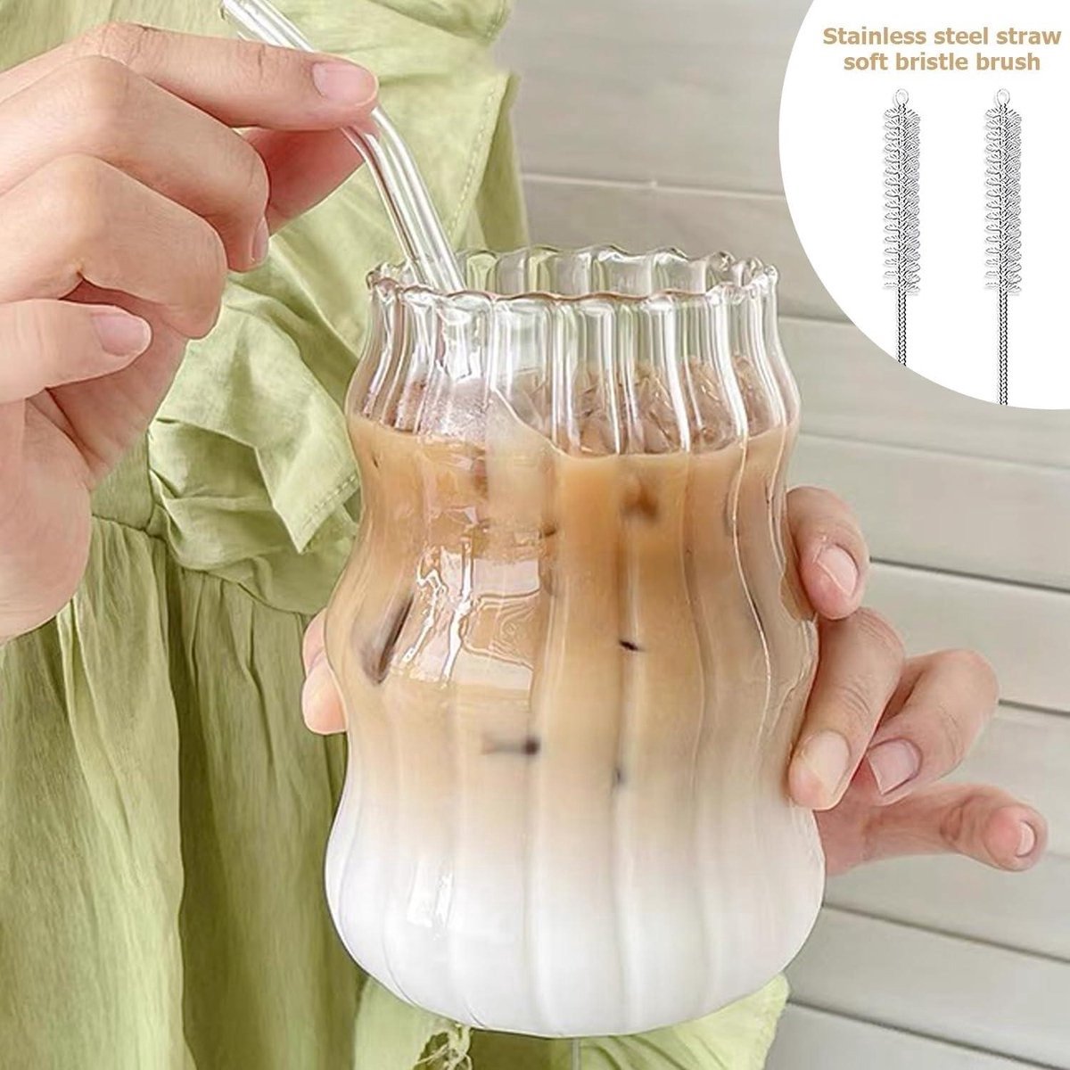 Set van 4 koffieglazen 500 ml met rietje en reinigingsborstels - Voor dessert thee sap whisky bier cocktail en ijskoffie