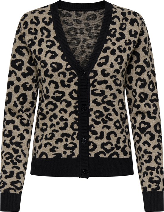 Beige vest met zwarte luipaardprint, V-hals, zwarte randen en knopen.