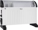 Witte Tristar convector kachel met zwarte voetjes en zwarte handvatten aan de zijkant. De kachel heeft een geperforeerd rooster.