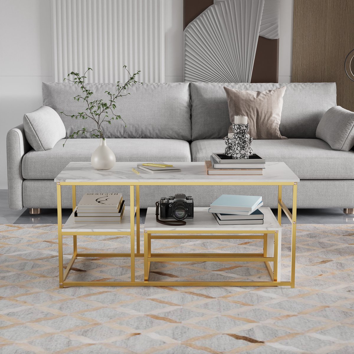 Salontafels Set van 2, Bijzettafels, Marmerlook met Metalen Frame en Plank, Rechthoekige Salontafel, Woonkamertafel, Banktafel voor Woonkamer, Slaapkamer (Wit + Gouden Kader)