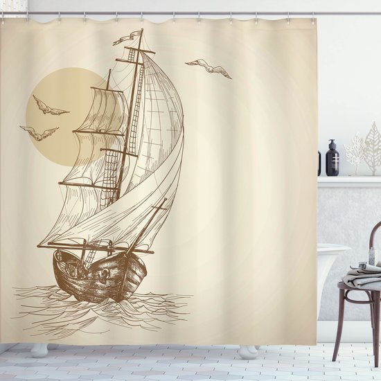 Dessin brun d'un voilier en mer avec des mouettes et un ciel ensoleillé sur fond beige.