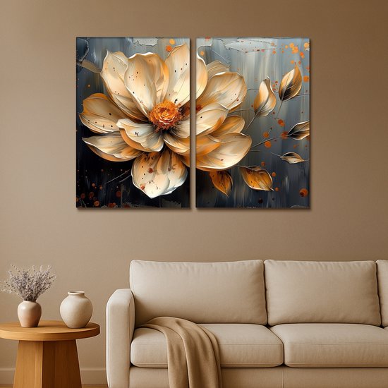 Ensemble de peinture sur toile 120x90 cm - Décoration murale diptyque - Bloem - Or - Abstrait - Peinture - Décoration murale salon - Décoration chambre - Accessoires chambre - Peintures sur toile