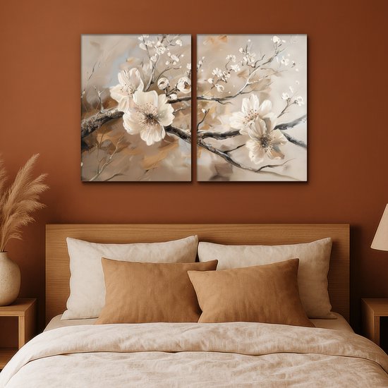 Tableau sur toile 120x80 cm - Décoration murale diptyque - Blossom - Beige - Abstrait - Fleurs - Décoration murale salon - Décoration chambre - Accessoires chambre - Peintures sur toile