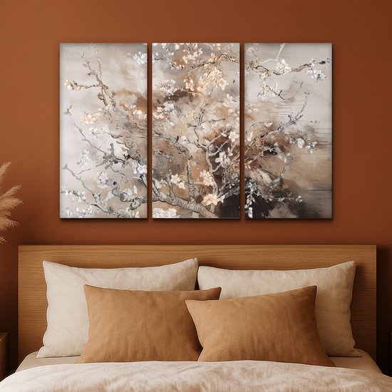 Ensemble de peintures sur toile 120x80 cm - Triptyque de Décoration murale - Fleur d'amandier - Abstrait - Beige - Décoration murale salon - Décoration chambre - Accessoires chambre - Peintures sur toile