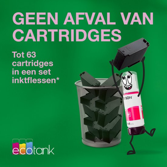 Een lachende inktfles met armen en benen gooit een inktcartridge weg in een prullenbak, met de tekst 'GEEN AFVAL VAN CARTRIDGES'.