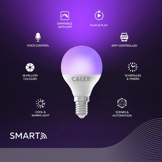 Calex smart E14 lamp met 16 miljoen kleuren, dimbaar via app, spraakbesturing en plug & play.