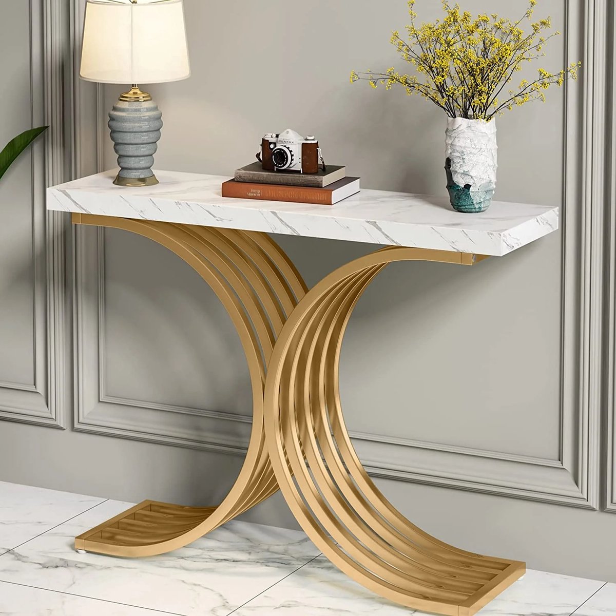 Pugsdrly Smalle console, bijzettafel met goudkleurig metalen frame, 100 x 30 x 80 cm Haltafel, kleine displaytafel, salontafel voor kleine ruimtes, voor de hal, gang, woonkamer (wit en goud) wit & goud