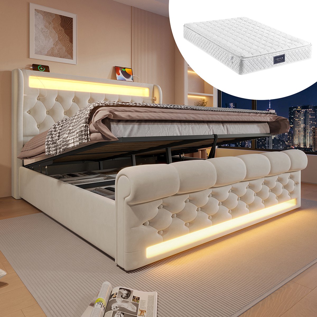 Komhtom Modern gestoffeerd tweepersoonsbed 160 x 200 cm, gestoffeerd bed met led-verlichting, hoofdeinde met opbergruimte en USB- en Type-C-poorten, bed met hydraulische opbergruimte, beige, fluweel (met matras)