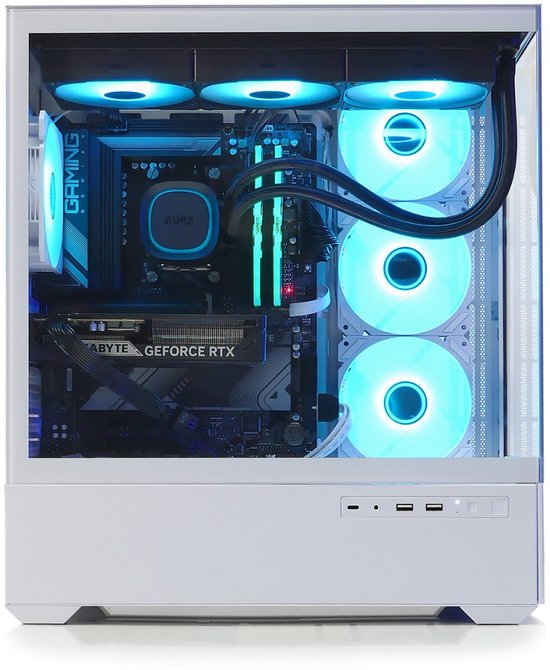 Witte computerkast met glazen zijpaneel, tonen een ingebouwde pc met blauwe verlichting.