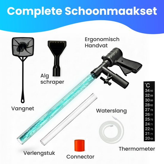 Complete schoonmaakset voor aquarium: vangnet, algenschraper, ergonomische handgreep, slang, connector en thermometer.