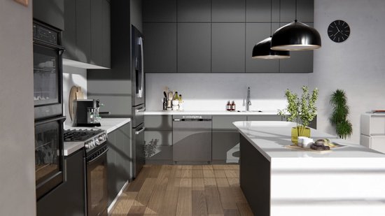 Moderne keuken met antracietgrijze kasten, een vaatwasser, een aanrechtblad en houten vloer.