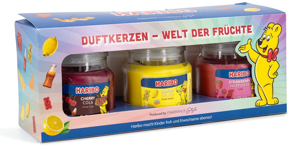 Haribo Cherry Cola, Strawberry Happiness, Lemon Fruits - geurkaarsen Cadeauset - 3x 85g multi